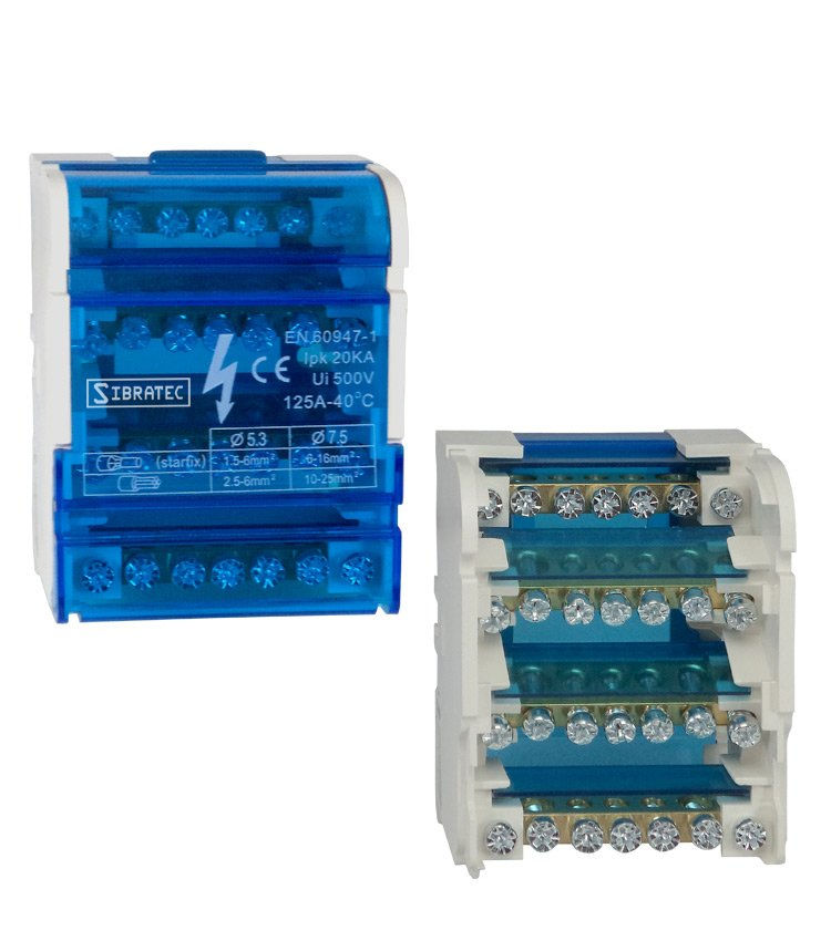 Bloco Distribuição para Trilho DIN 125A 20 KA Tetrapolar 7 Terminais